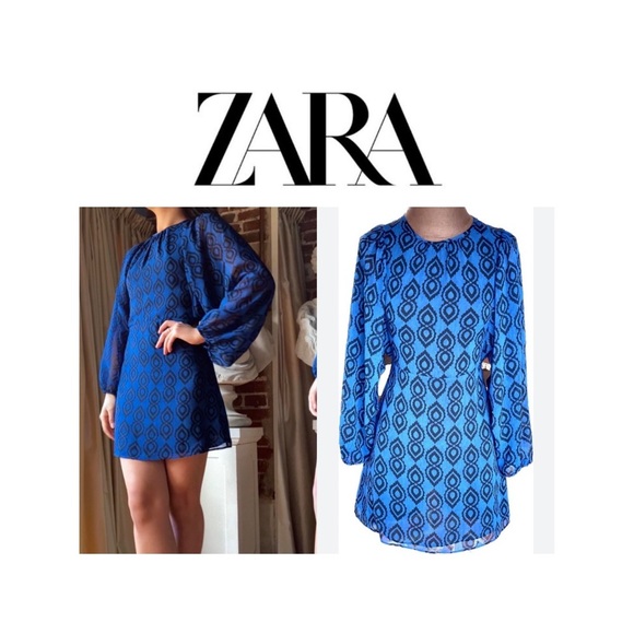 ZARA Royal Blue Black Pattern Mini Dress Long Sleeves Lined Sheer Edgy Vacation - Picture 7 of 9